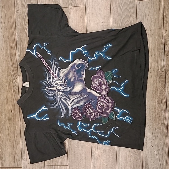 Caribbean Dream Tops - 90s AMERICAN THUNDER Unicorn Black Blue Lightening Womens Top Shirt L VTG RARE